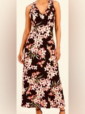 Black Floral Maxi Dress with Pink & Green Accents/Halter Style/Deep Cowl: 8P